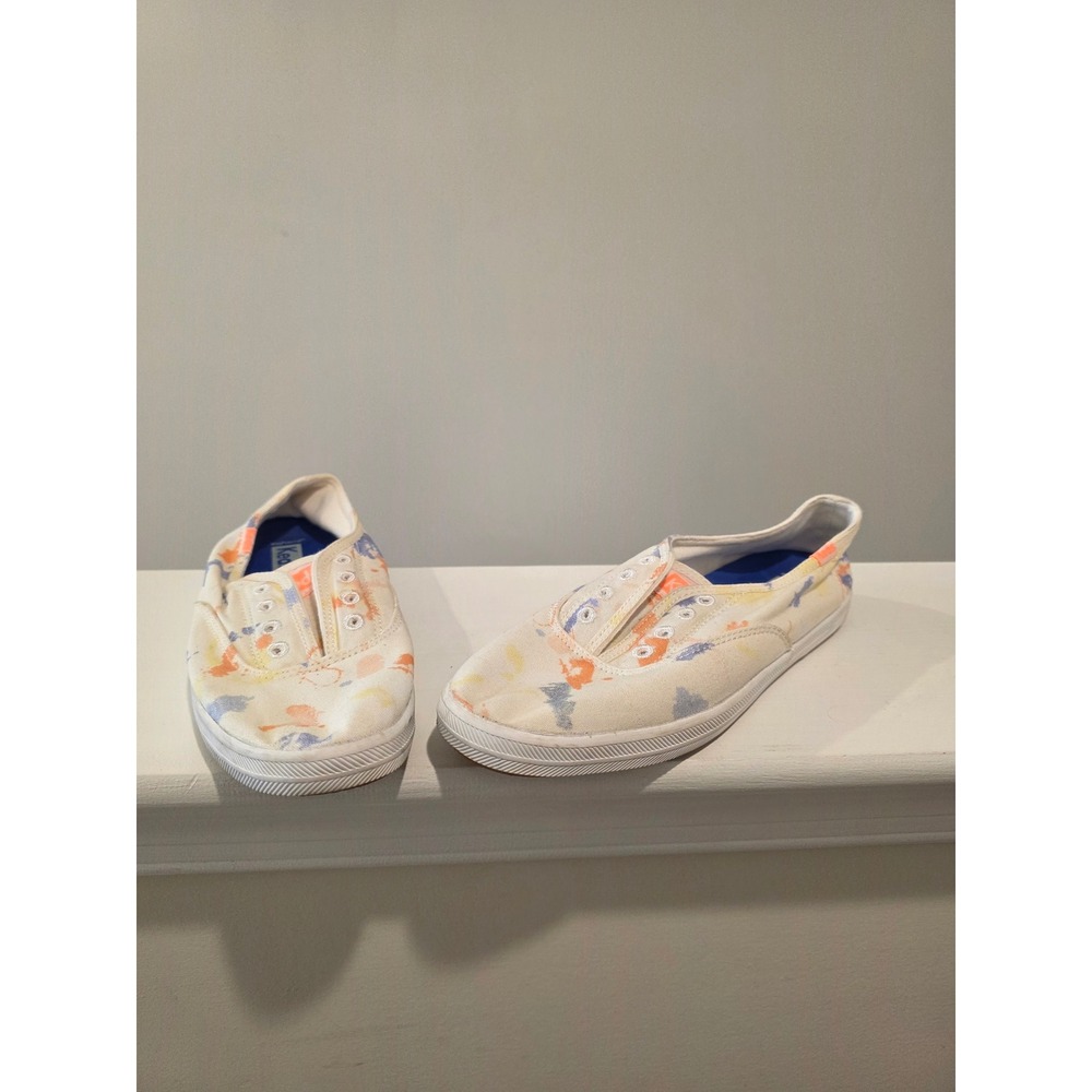 Womens sz6 Keds Champion Slip On Sneakers White Watercolor Splash Canvas WF65904